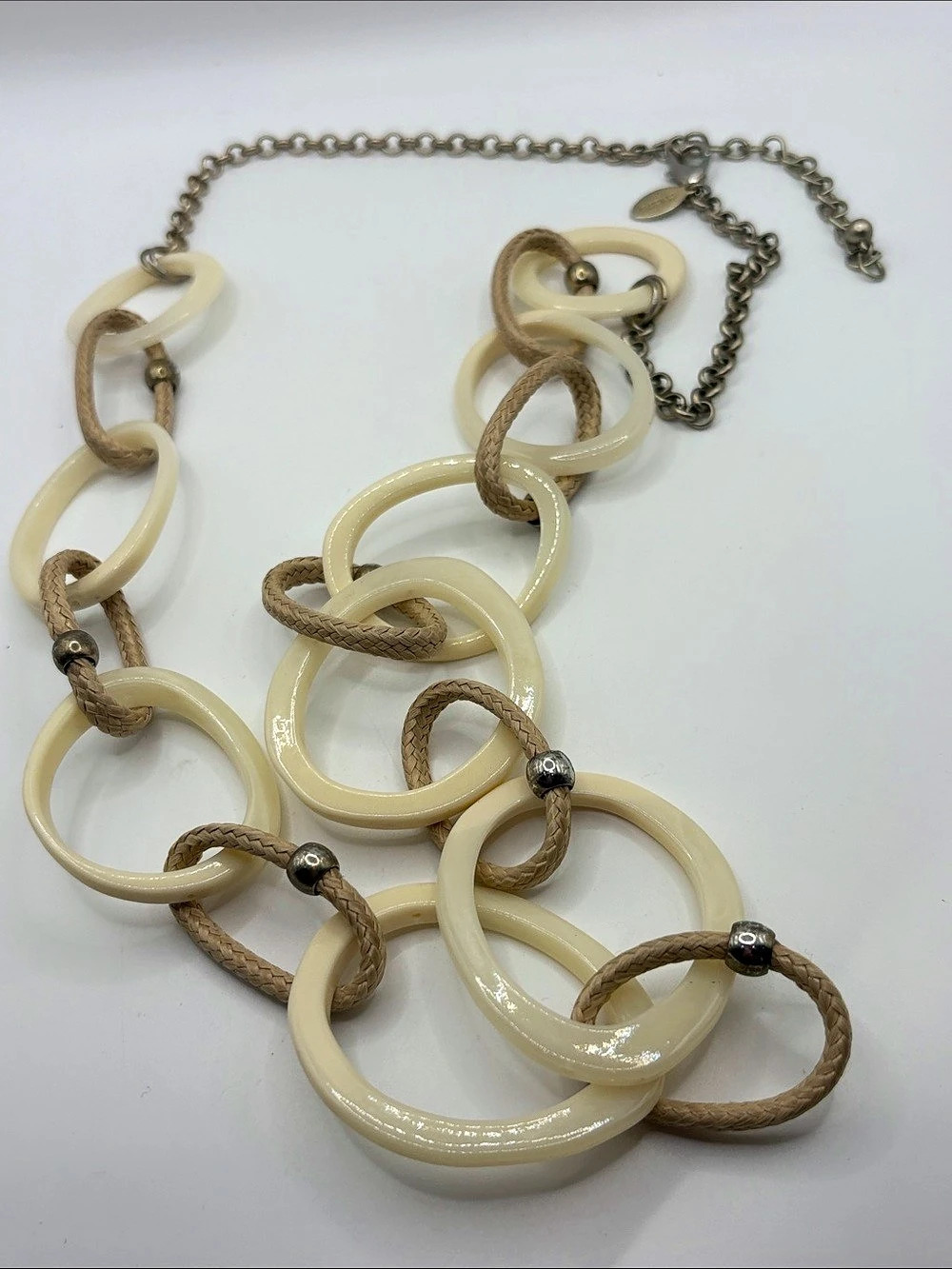 Chico’s Cream & Brown Rope Braided Big Abstract Hoops Statement Necklace 32-36”